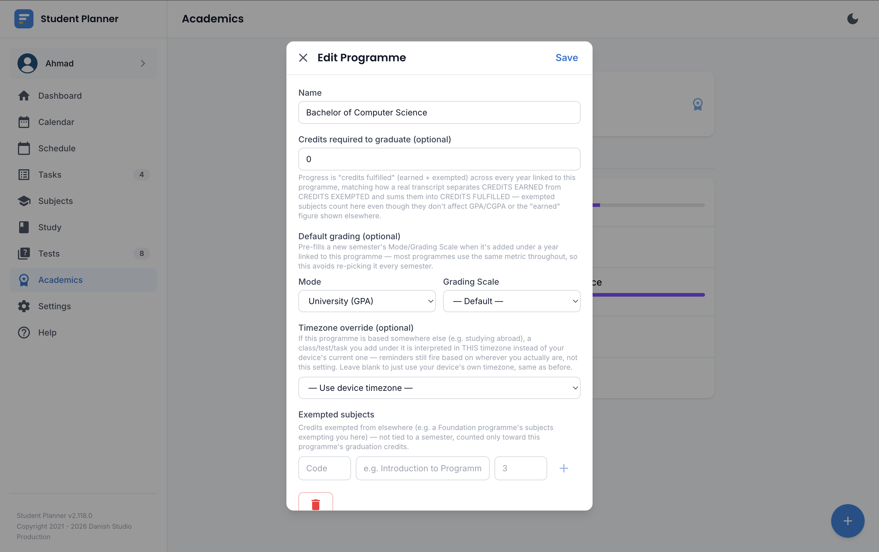 The Programme edit form's timezone override field